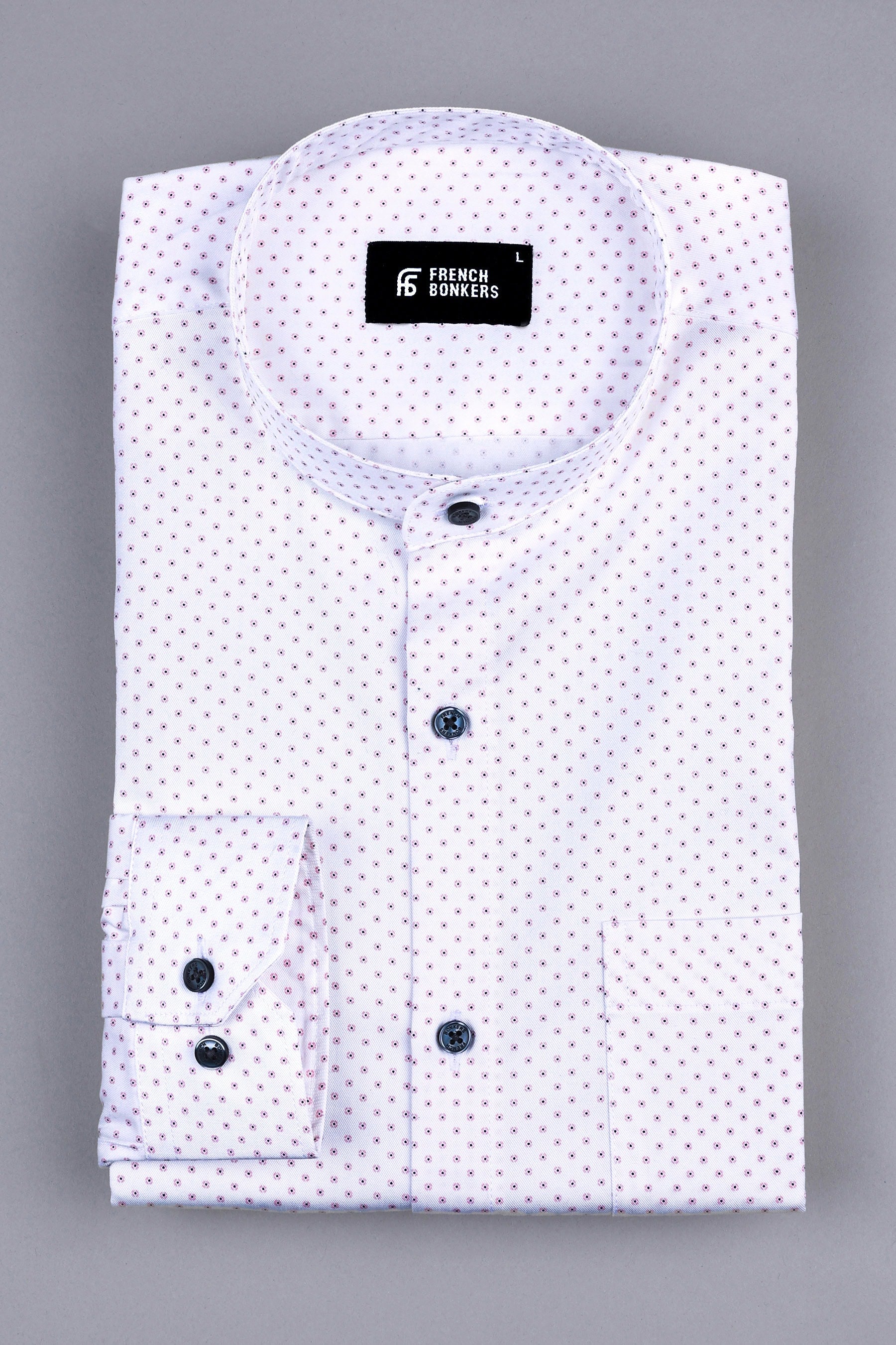 White with light pink and blue dot printed shirt