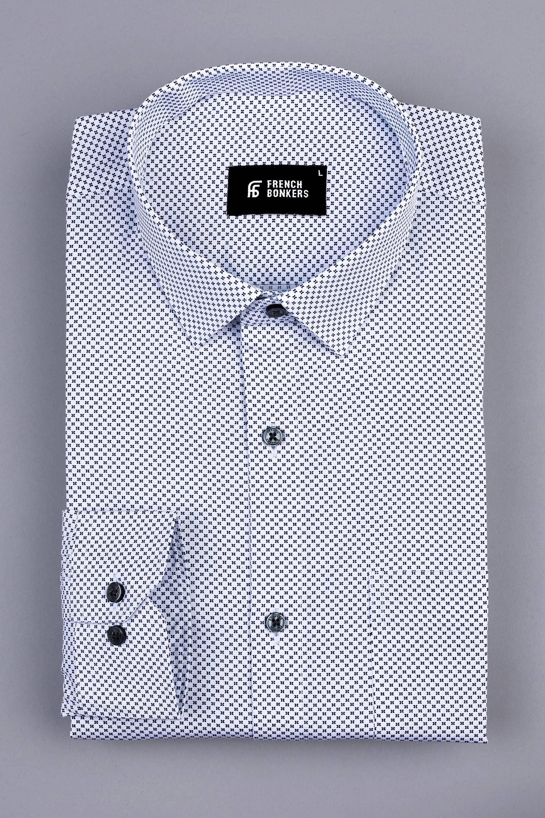 White with dark blue micro printed shirt