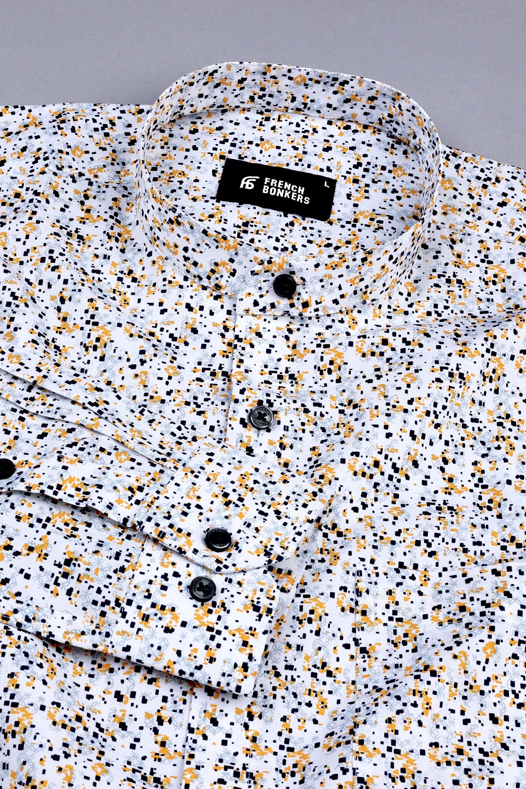 White with yellow and dark blue sprinkle printed shirt