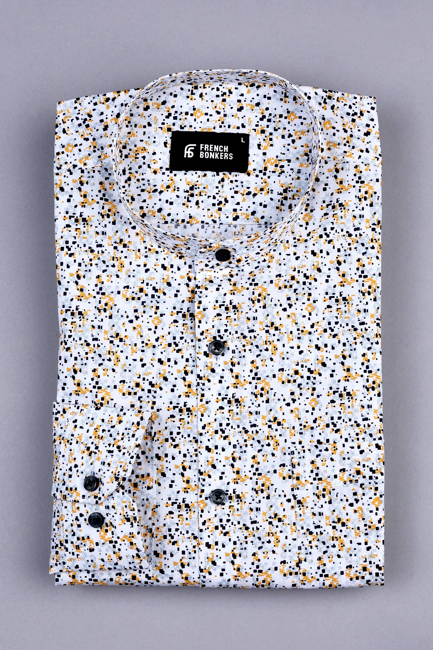 White with yellow and dark blue sprinkle printed shirt