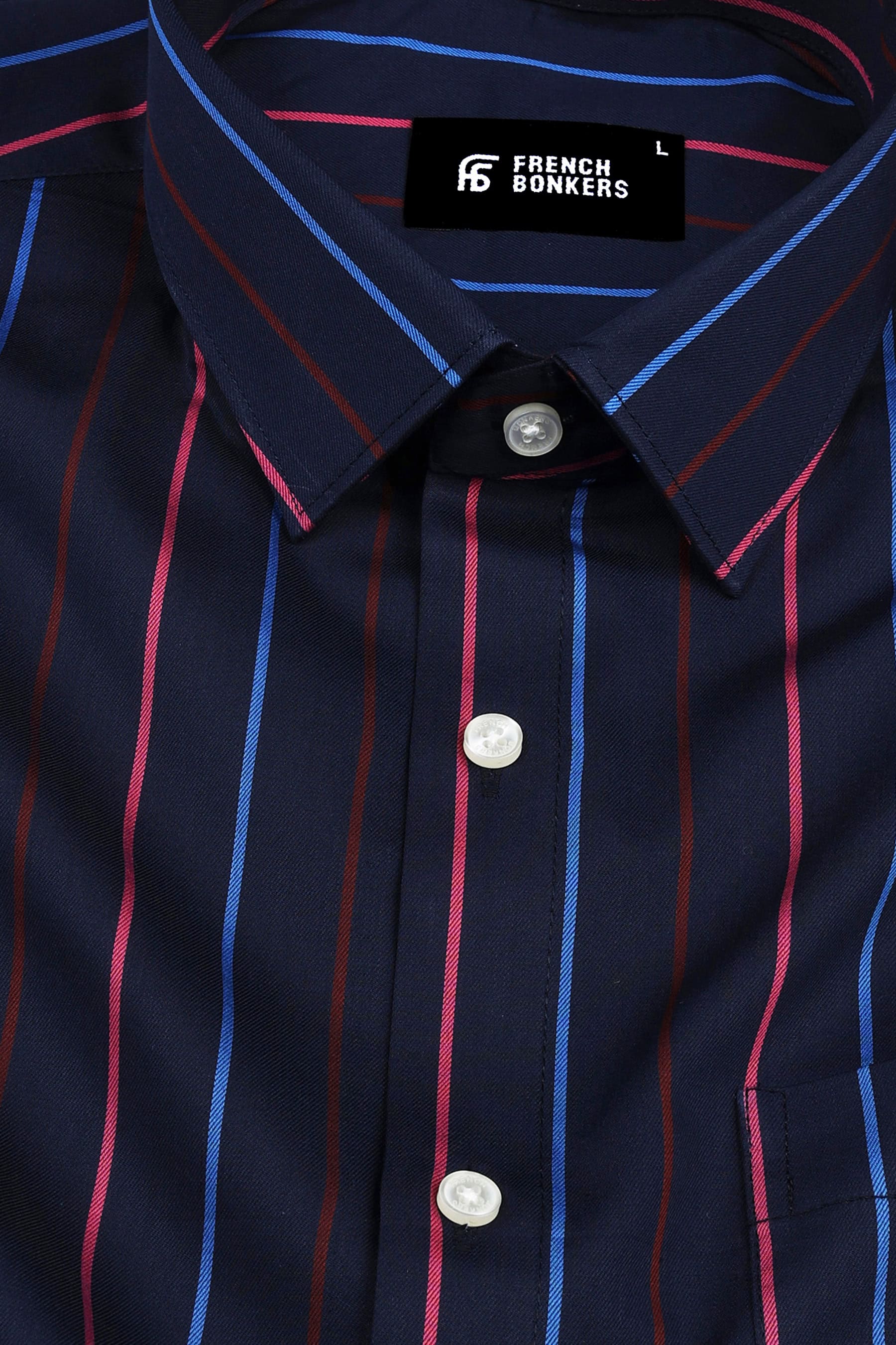 Dark blue with pink red and light blue line awning stripe shirt