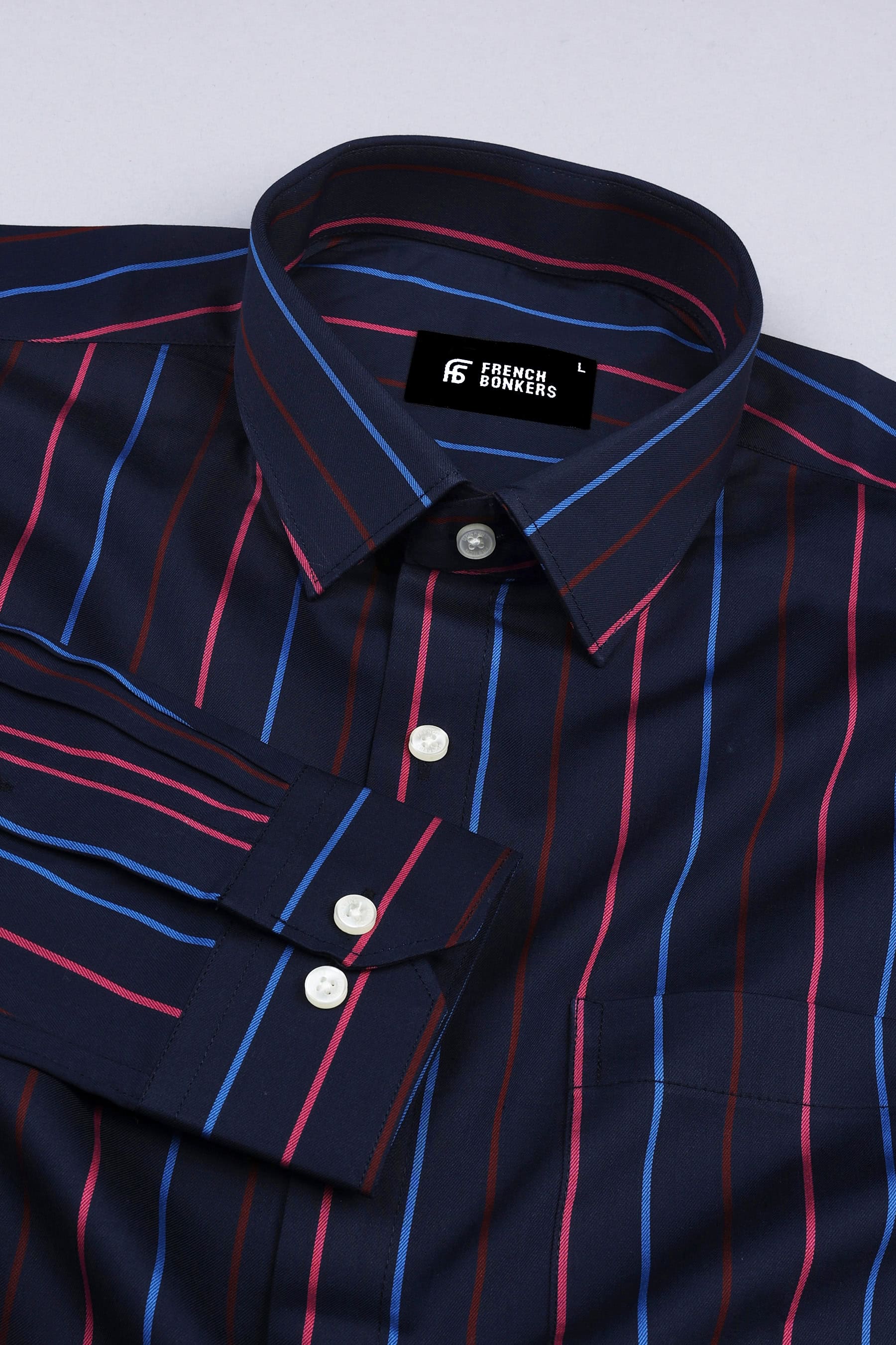 Dark blue with pink red and light blue line awning stripe shirt