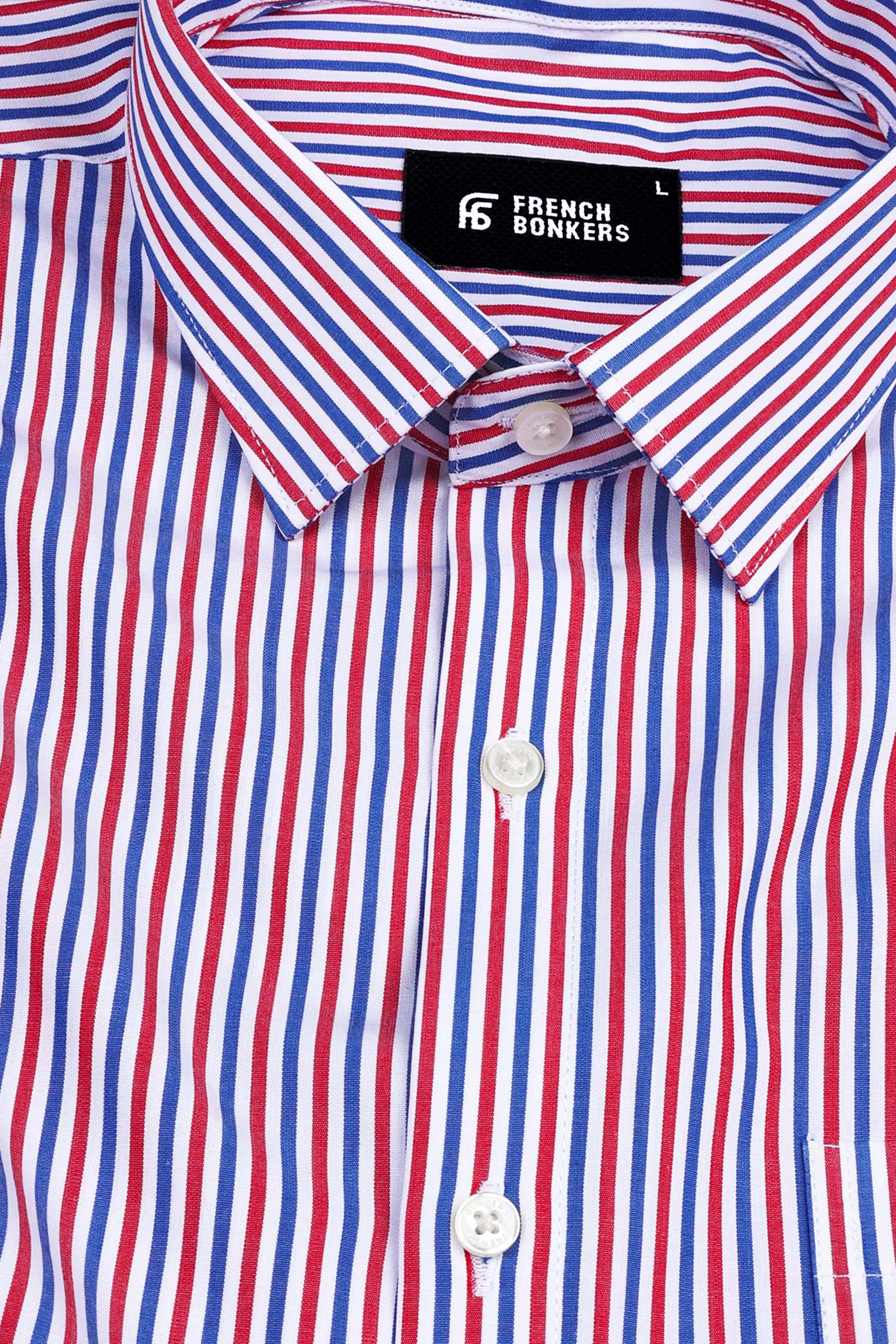 White with red and blue line bengal stripe shirt