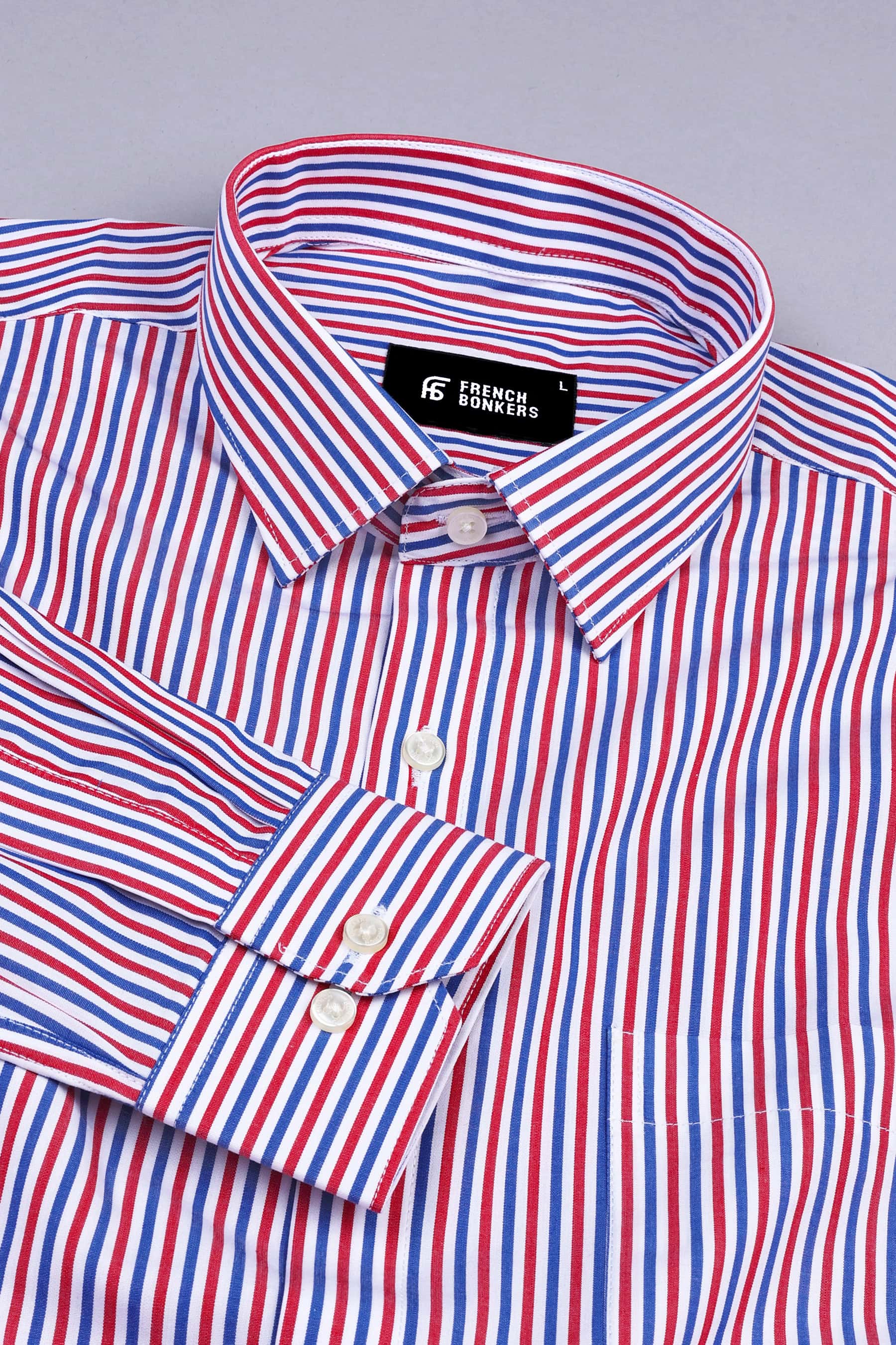 White with red and blue line bengal stripe shirt