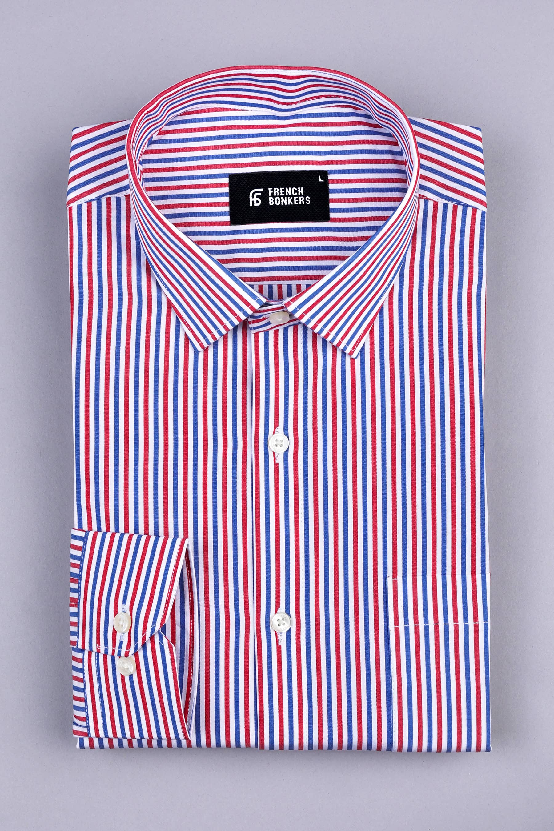 White with red and blue line bengal stripe shirt