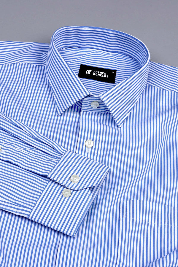 White with sky blue line stripe shirt