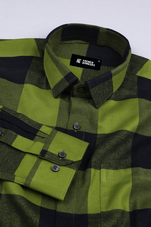 Light grass green with black twill texture windowpane Flannel check shirt