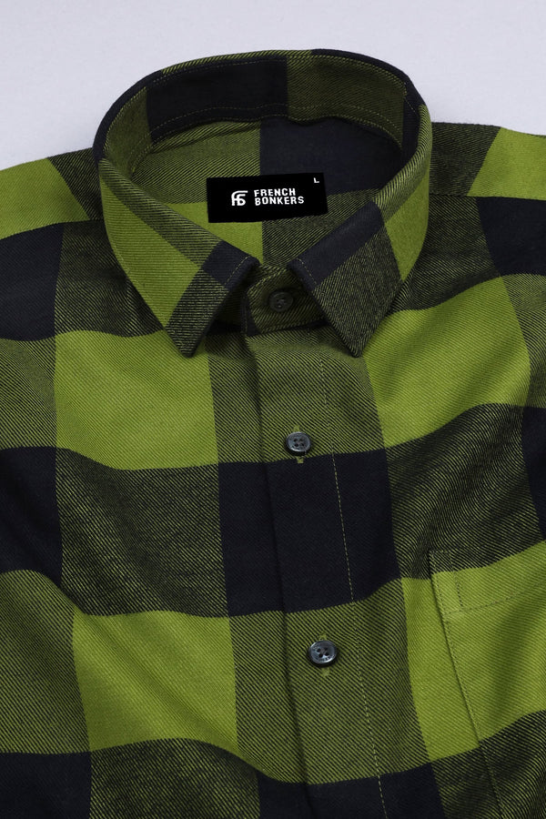 Light grass green with black twill texture windowpane Flannel check shirt