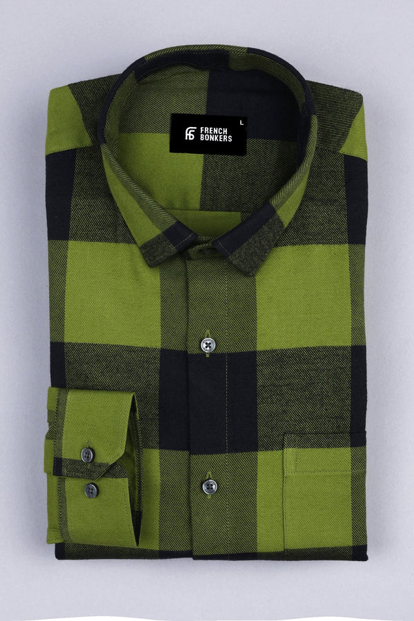 Light grass green with black twill texture windowpane Flannel check shirt