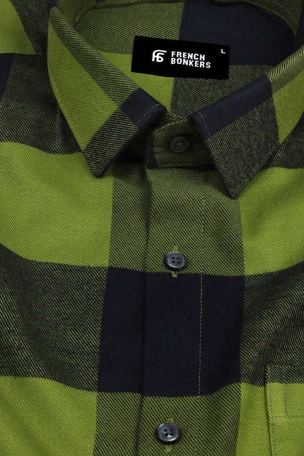 Light grass green with black twill texture windowpane Flannel check shirt