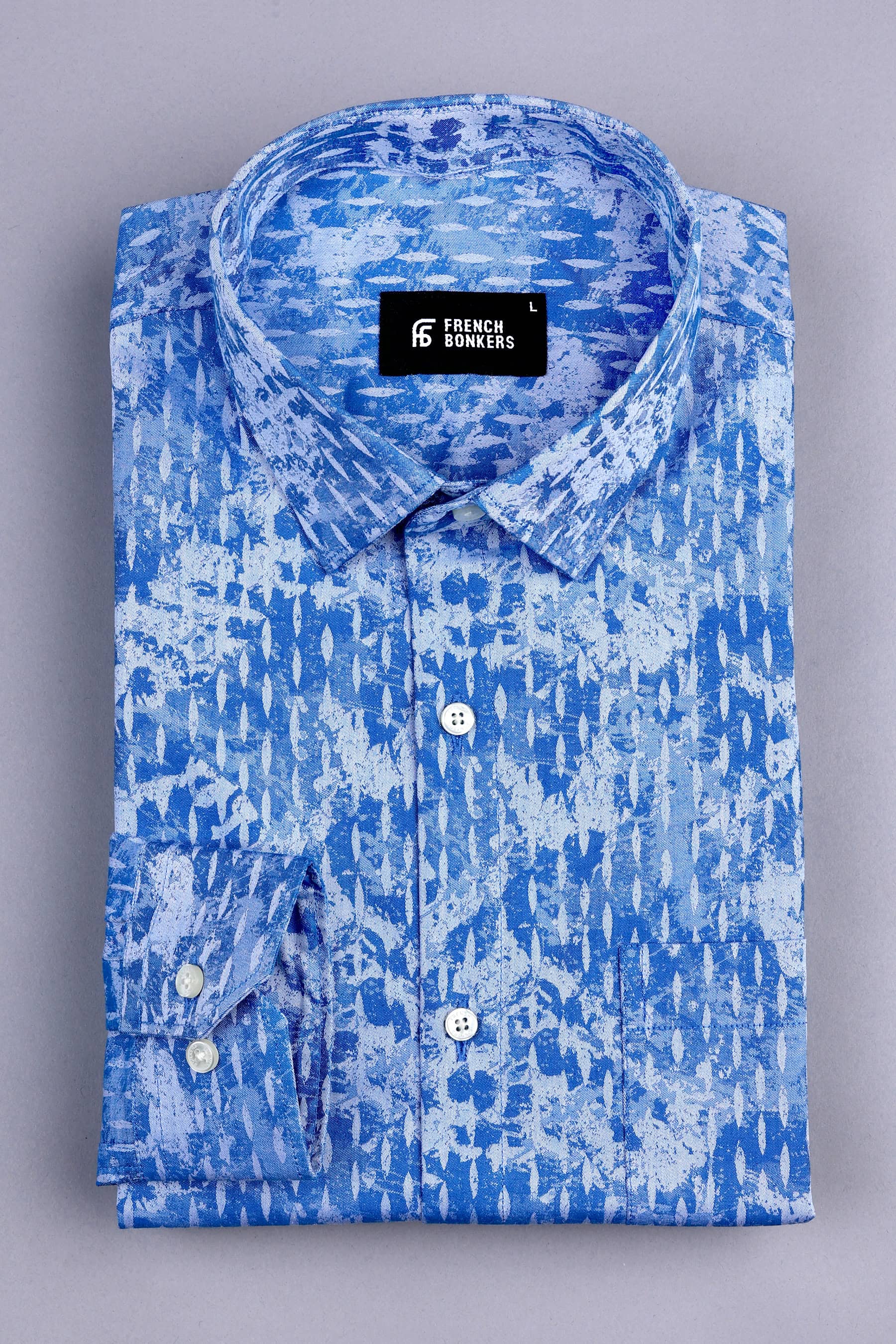 Saphire blue with ivory white jacquard printed shirt