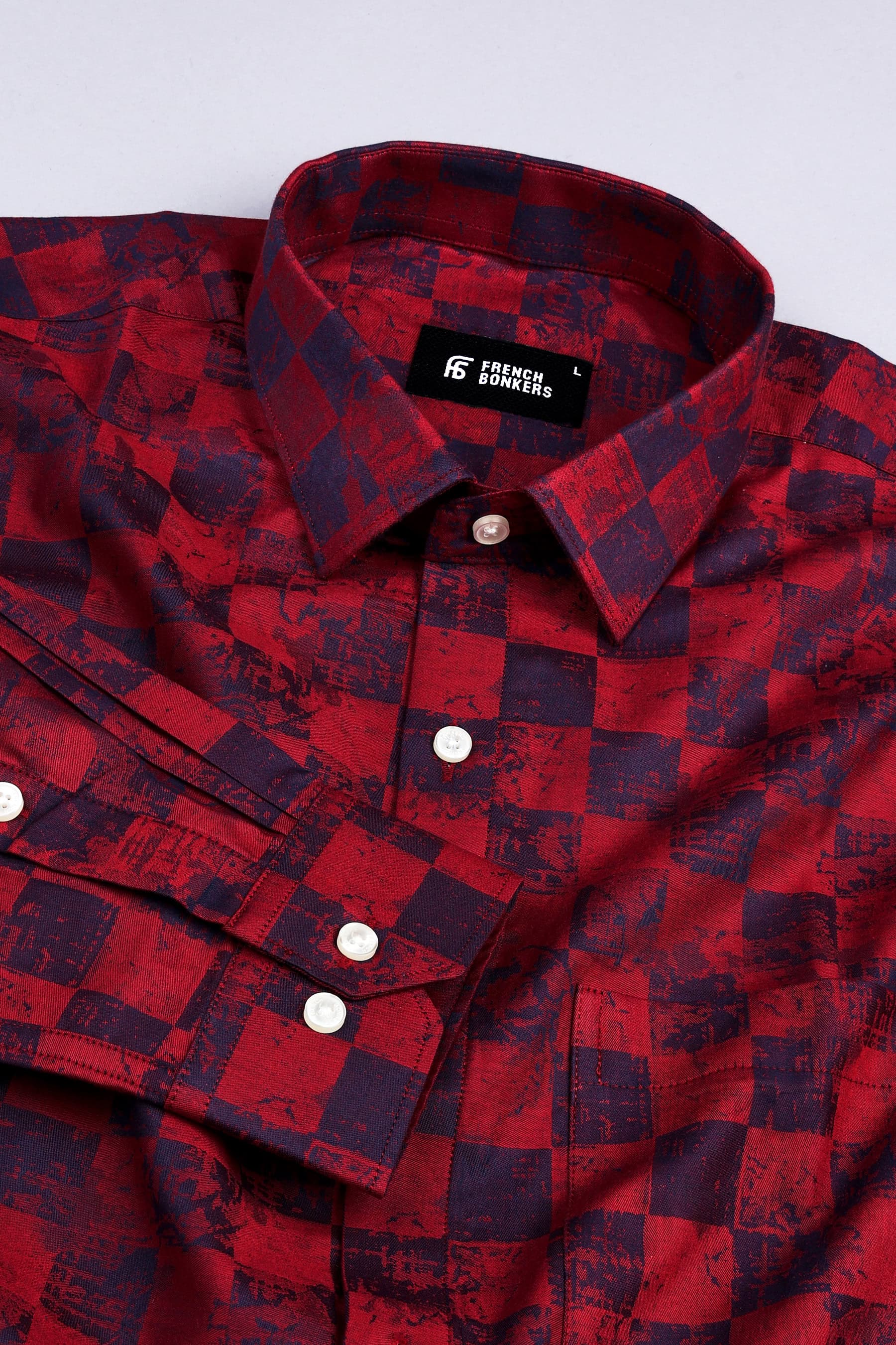 Ruby Red with dark blue jacquard printed shirt