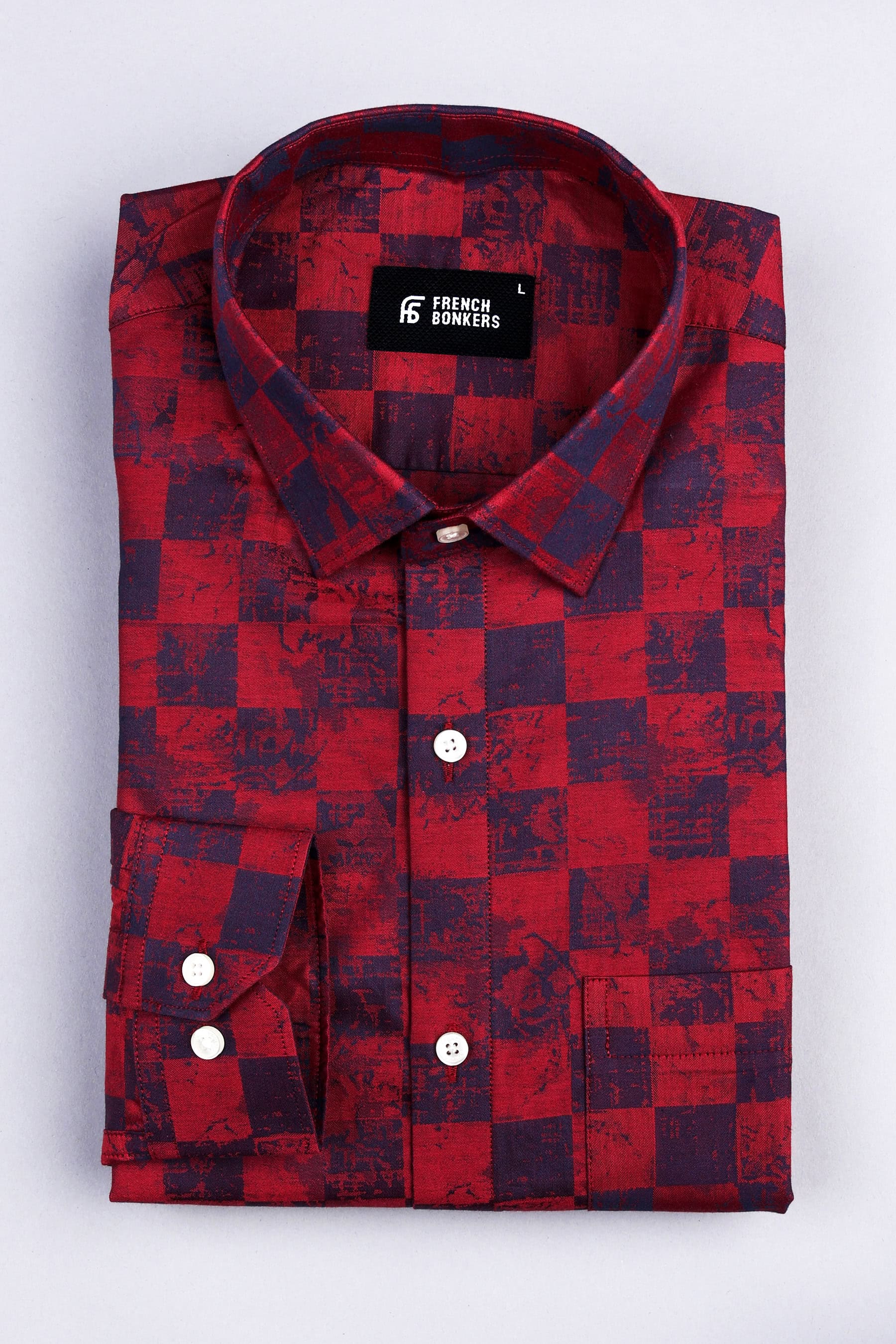 Ruby Red with dark blue jacquard printed shirt