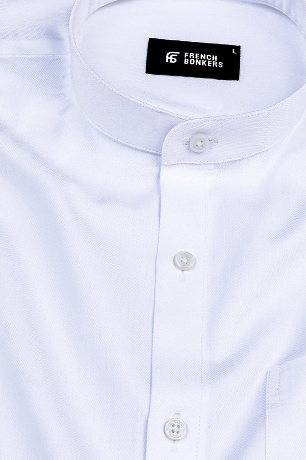 Camellia White herringbone texture cotton shirt