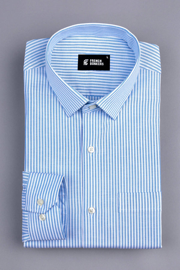 White with light sky blue line oxford stripe shirt