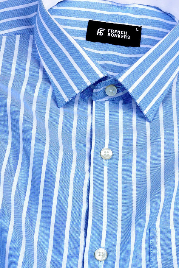 White with sky blue awning stripe shirt