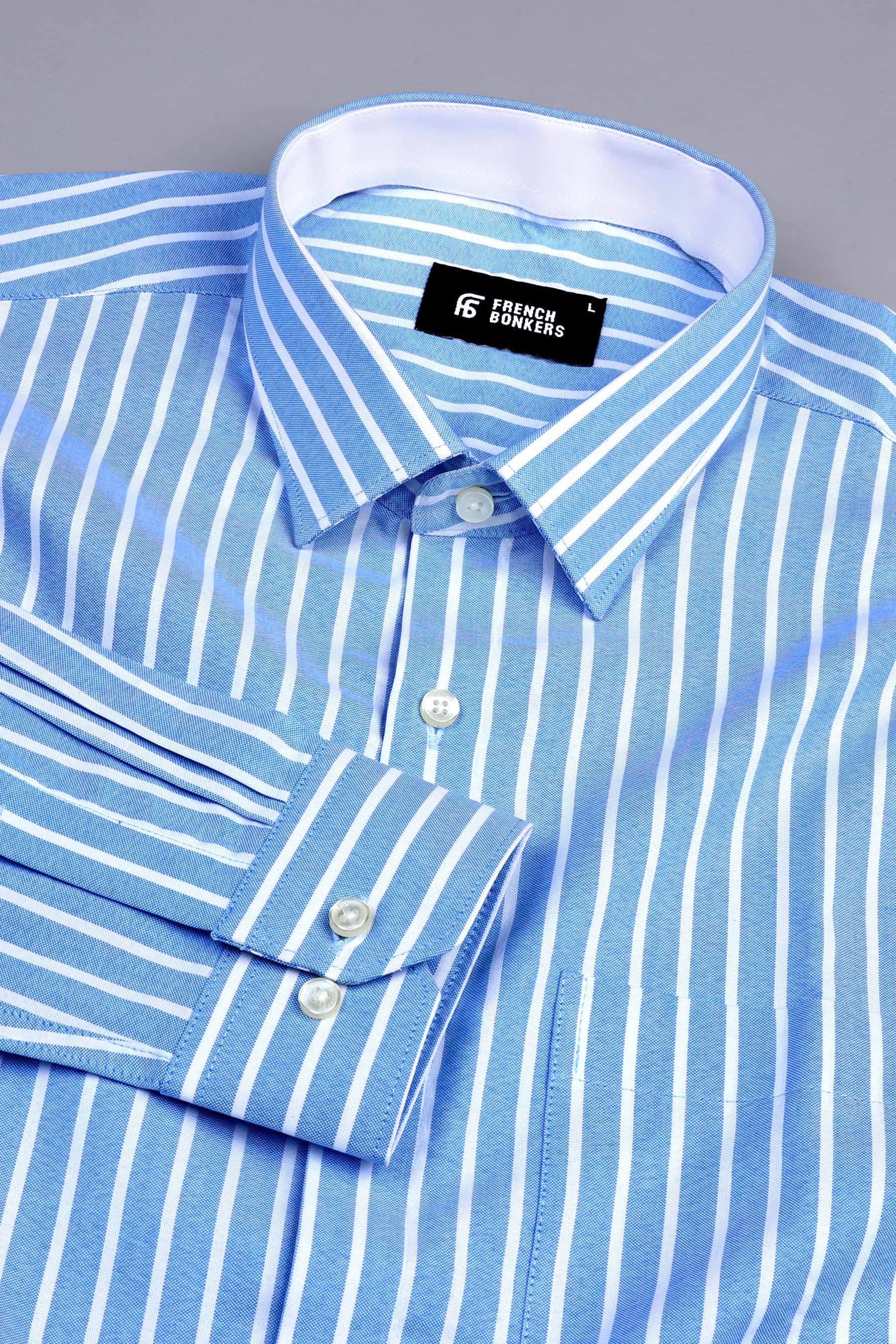 White with sky blue awning stripe shirt