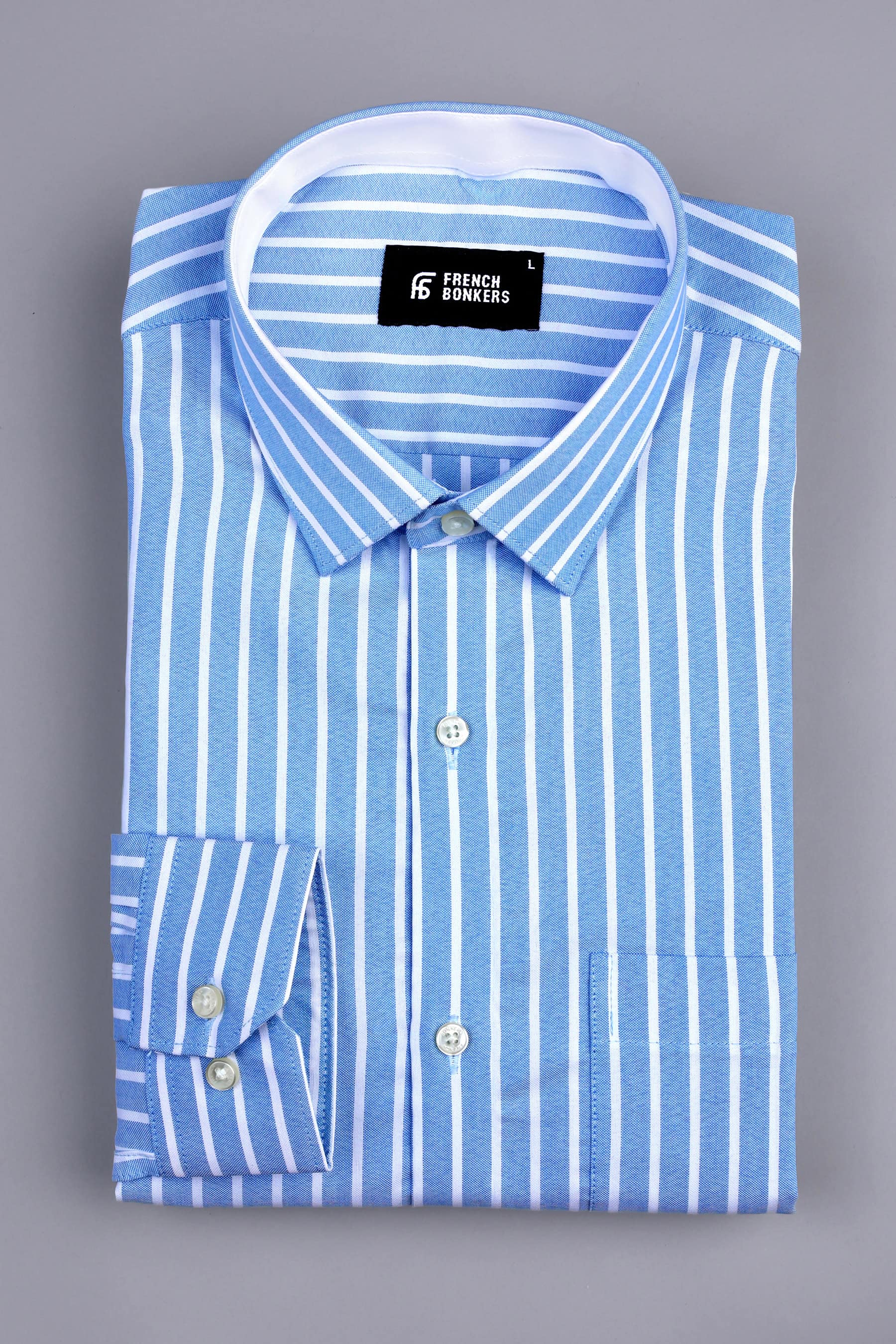 White with sky blue awning stripe shirt