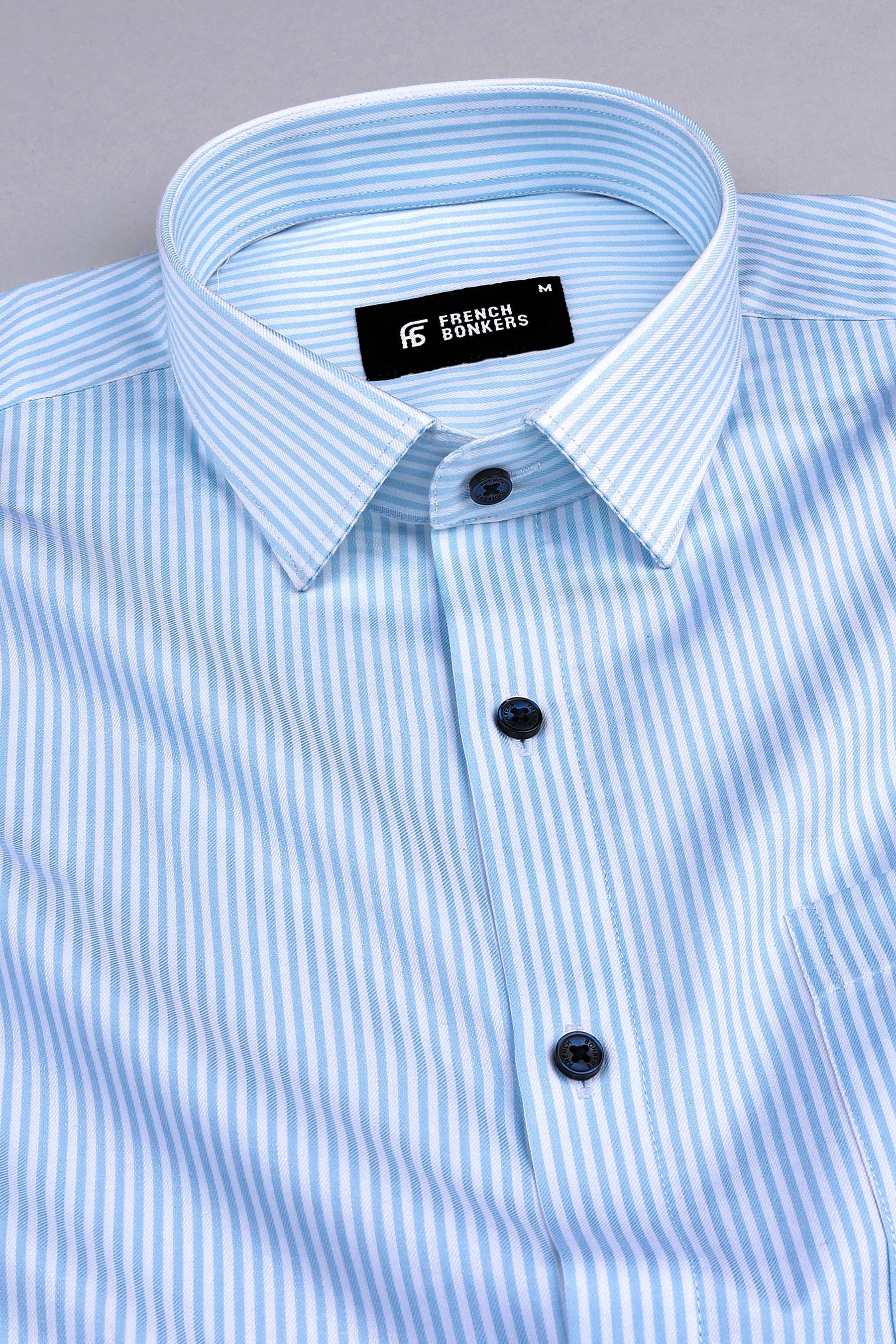 Light sky blue with white twill texture pin stripe shirt