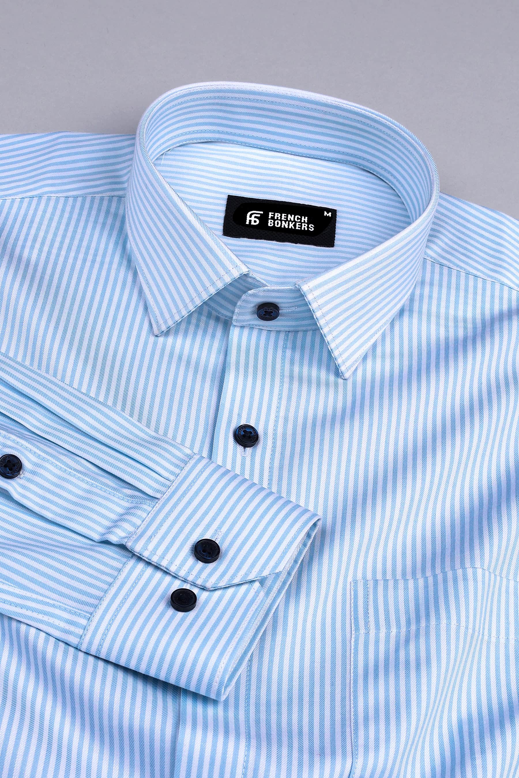 Light sky blue with white twill texture pin stripe shirt