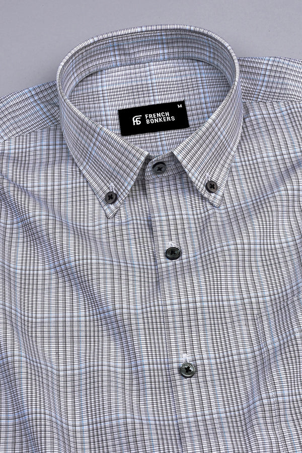 Grey with light sky blue line check shirt