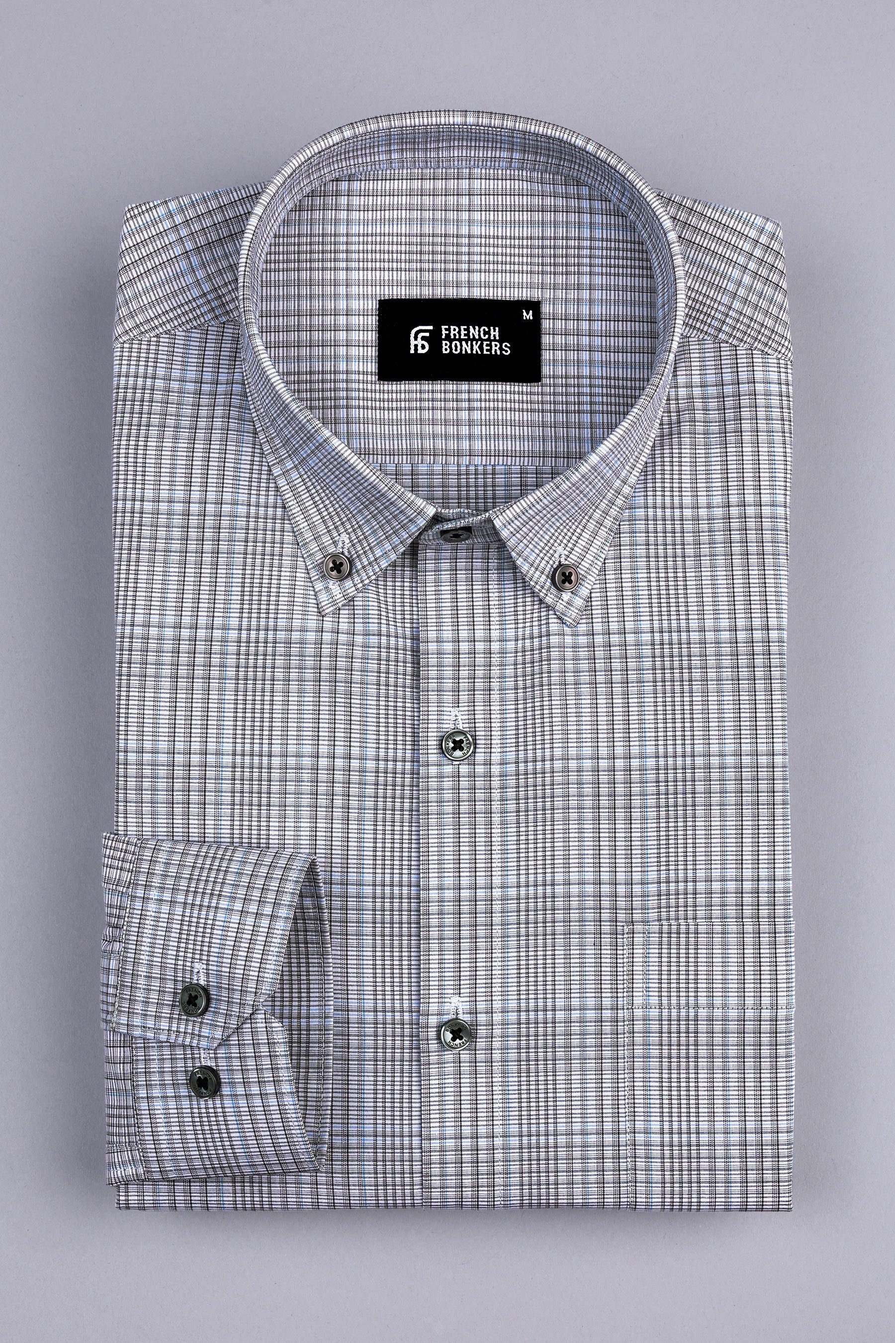 Grey with light sky blue line check shirt