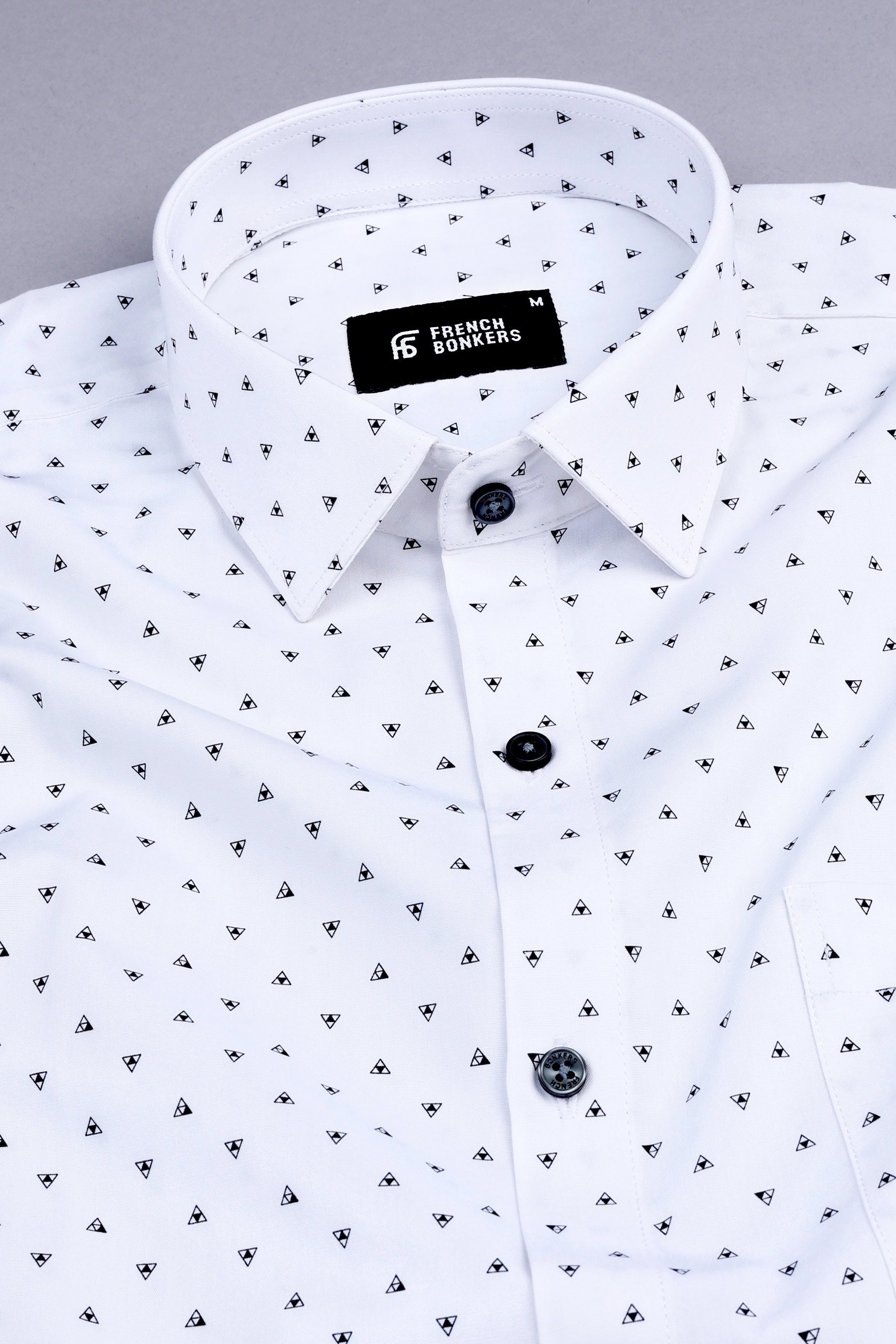 White with black up down triangle printed shirt