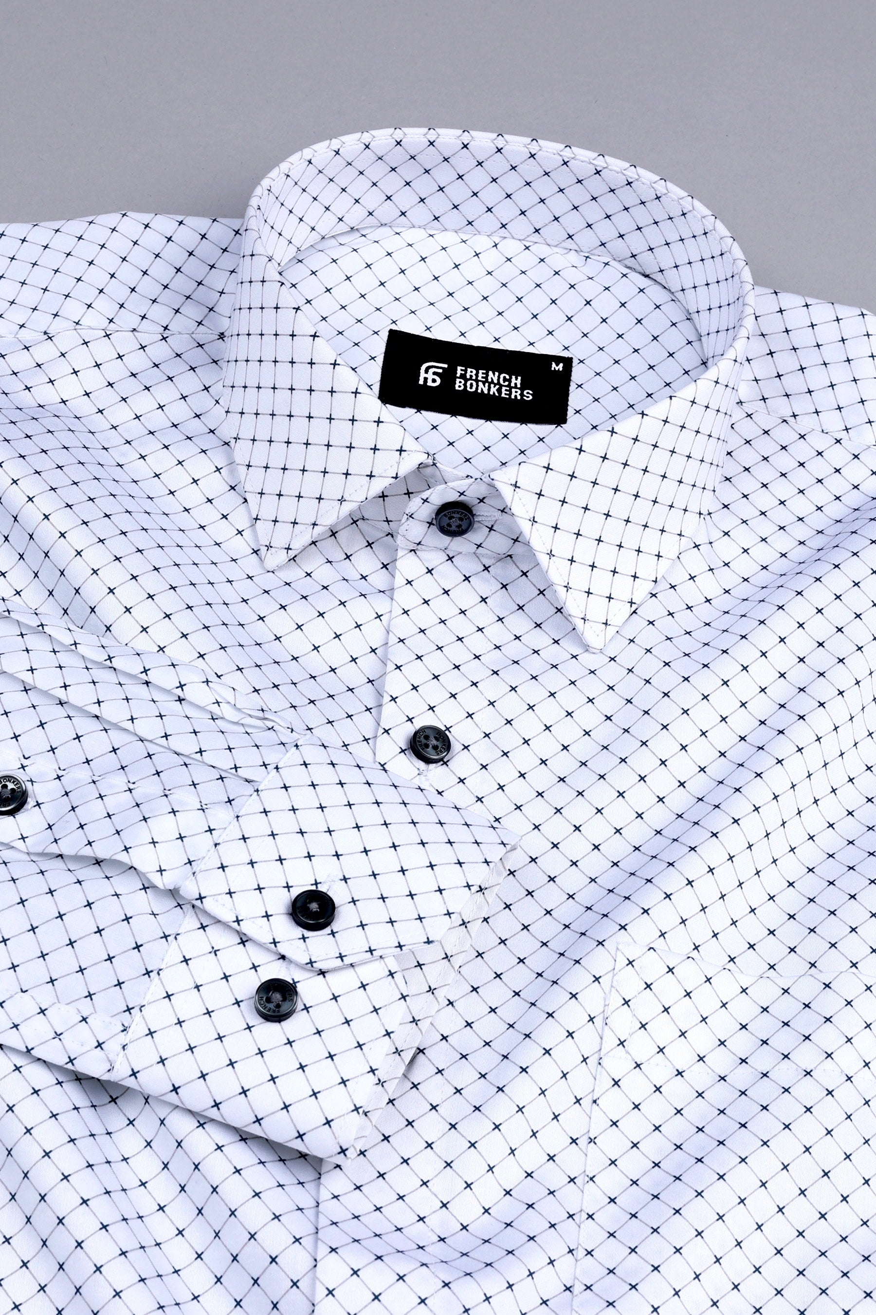 White with dark blue rhombus shape printed shirt