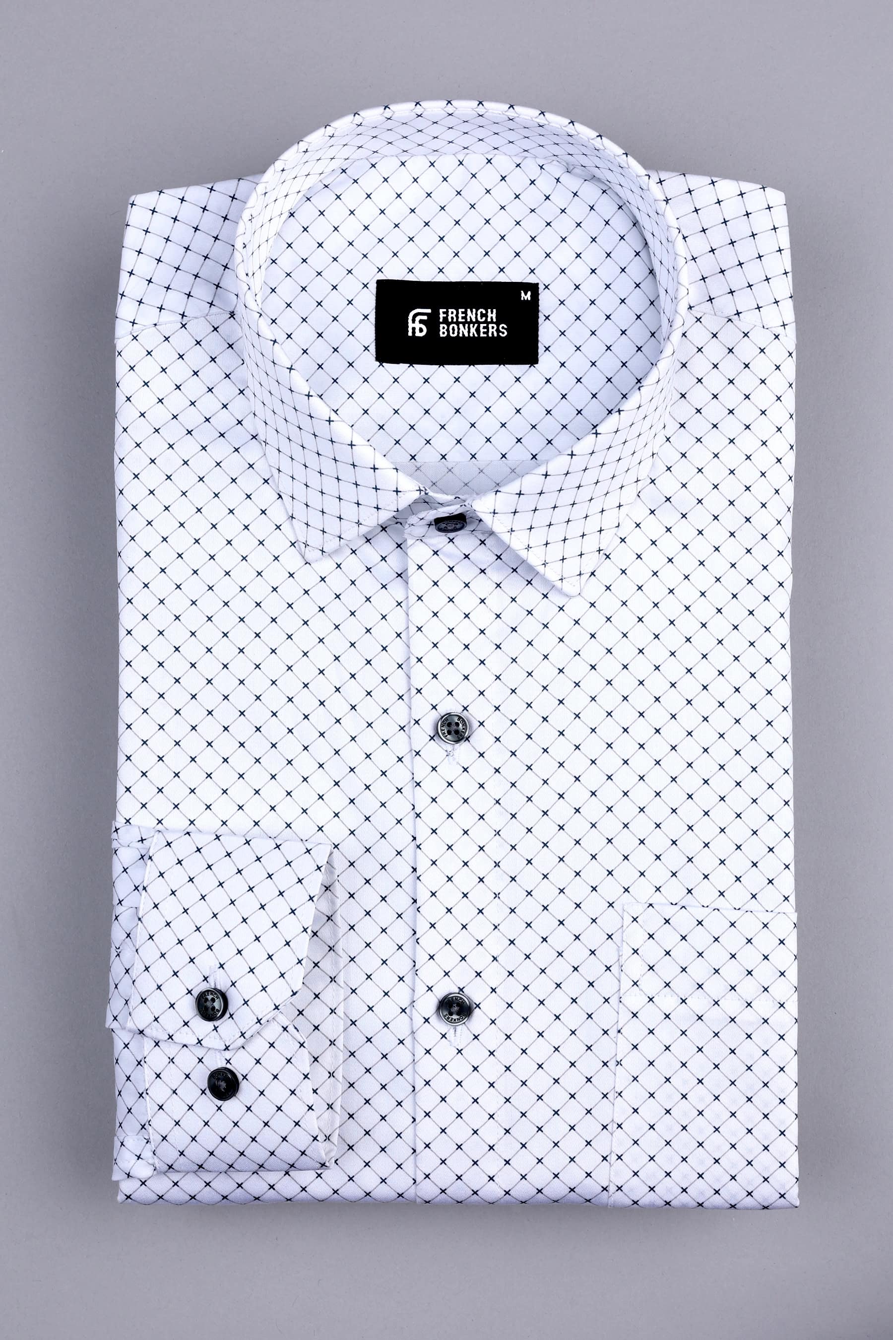 White with dark blue rhombus shape printed shirt