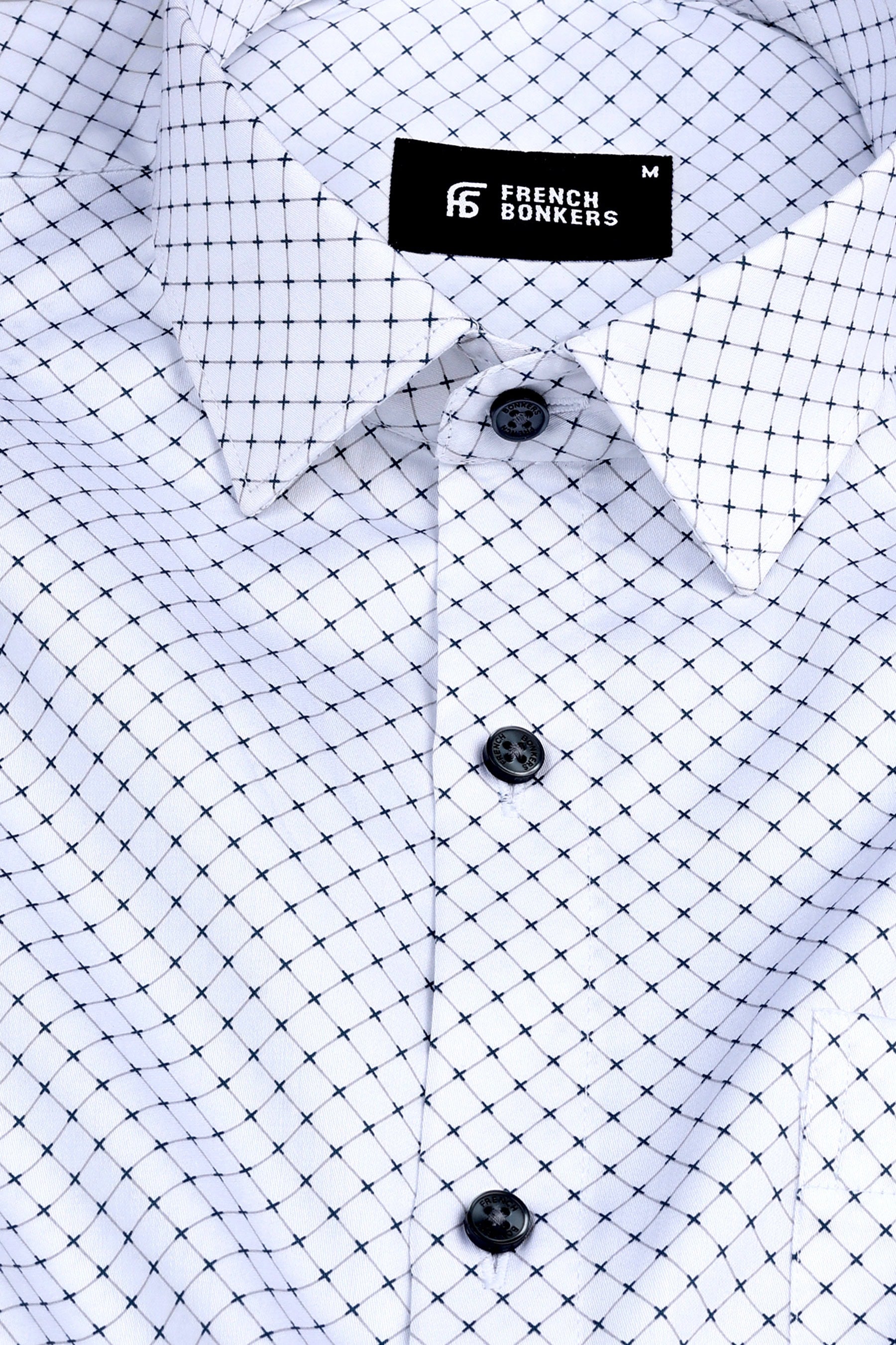 White with dark blue rhombus shape printed shirt