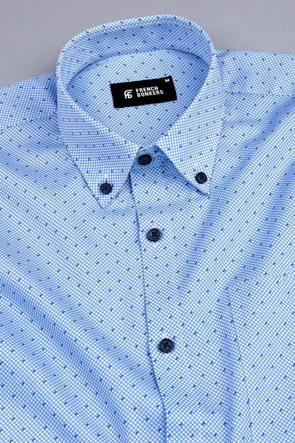 White with royal blue rhombus shape with square dot printed shirt