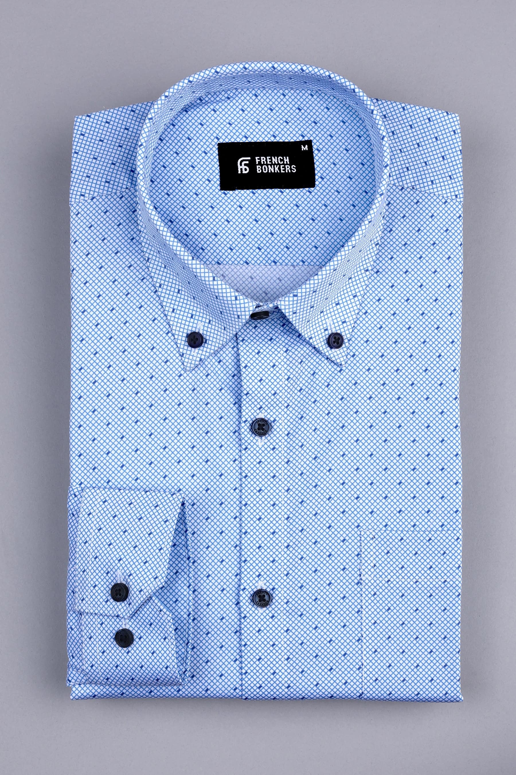 White with royal blue rhombus shape with square dot printed shirt