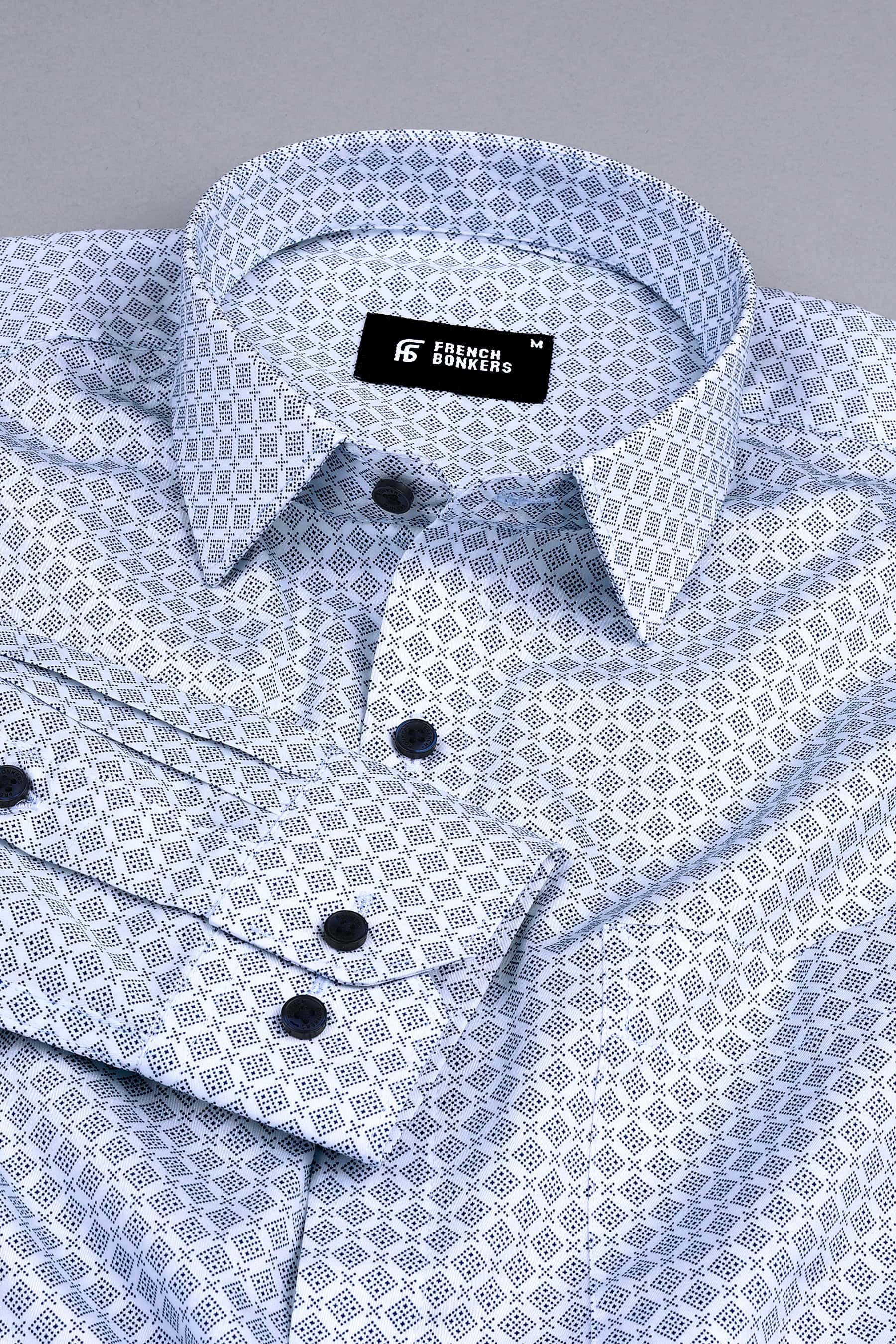 White with dark blue dot rhombus and cross shape printed shirt