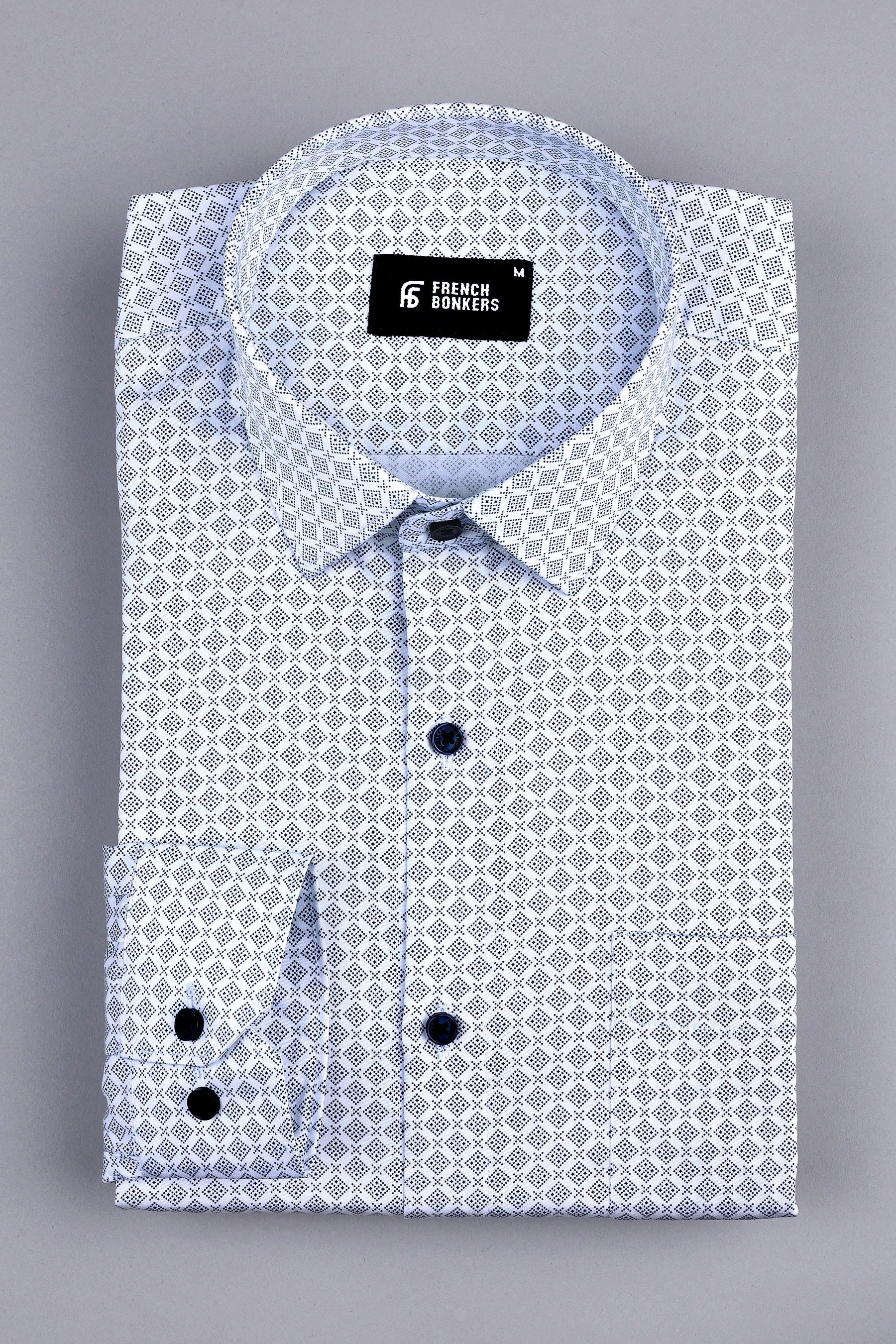 White with dark blue dot rhombus and cross shape printed shirt