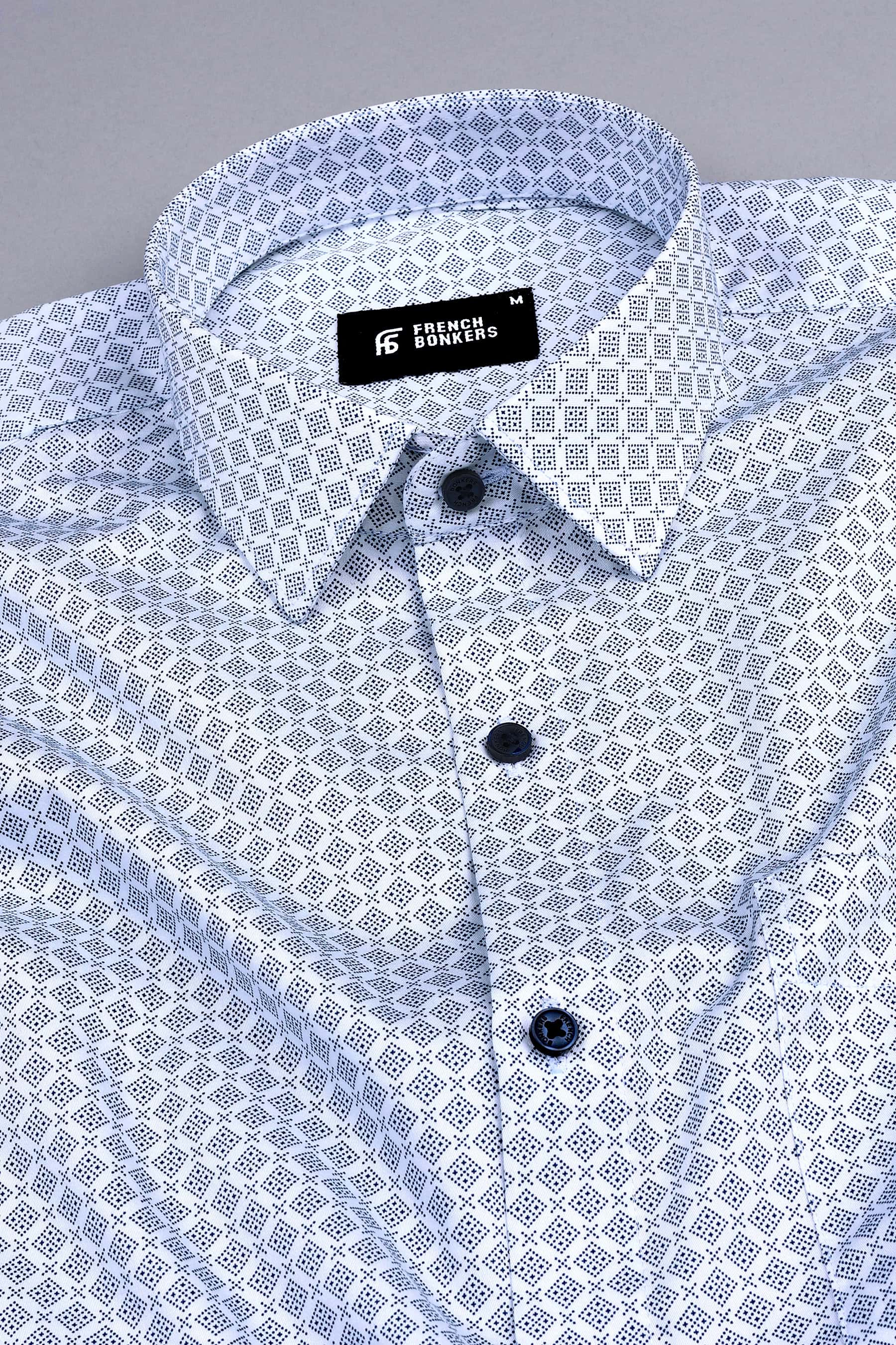 White with dark blue dot rhombus and cross shape printed shirt