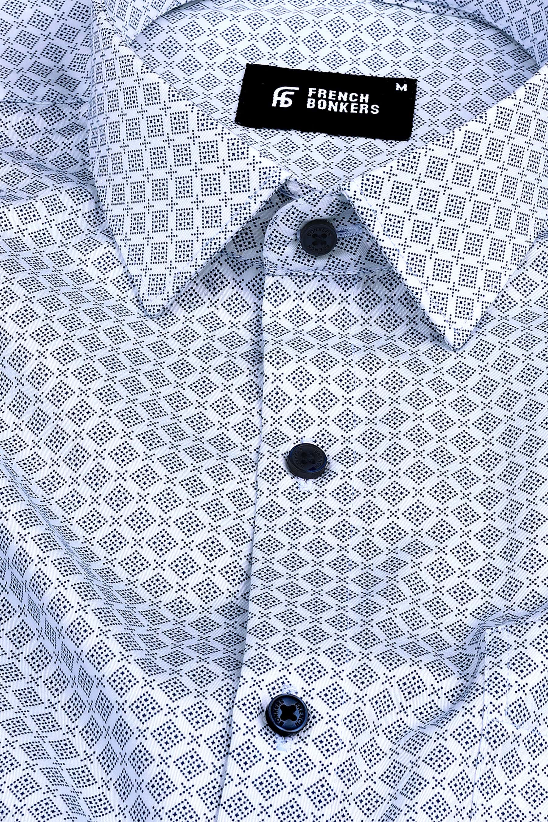 White with dark blue dot rhombus and cross shape printed shirt