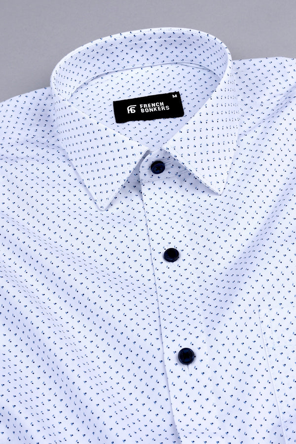 White with dark blue squre dot printed shirt