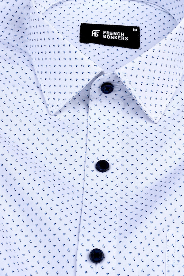 White with dark blue squre dot printed shirt