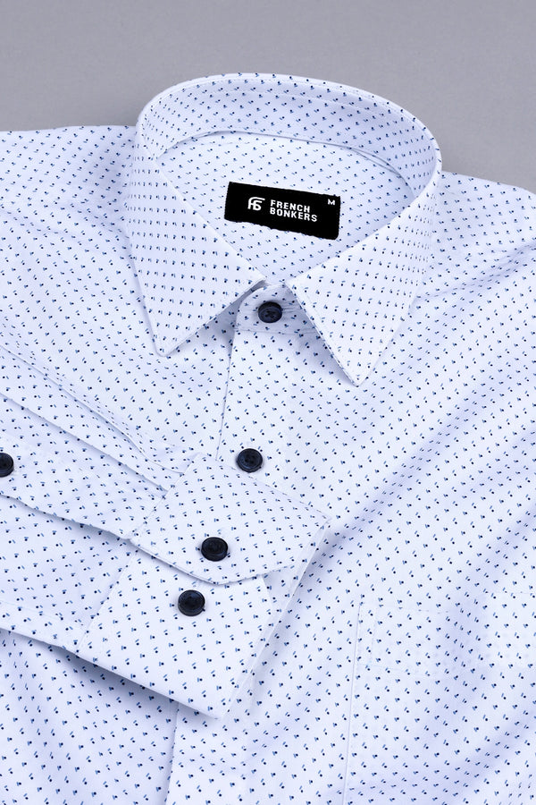 White with dark blue squre dot printed shirt