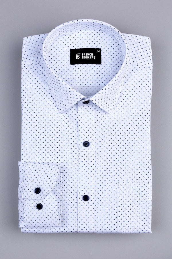 White with dark blue squre dot printed shirt