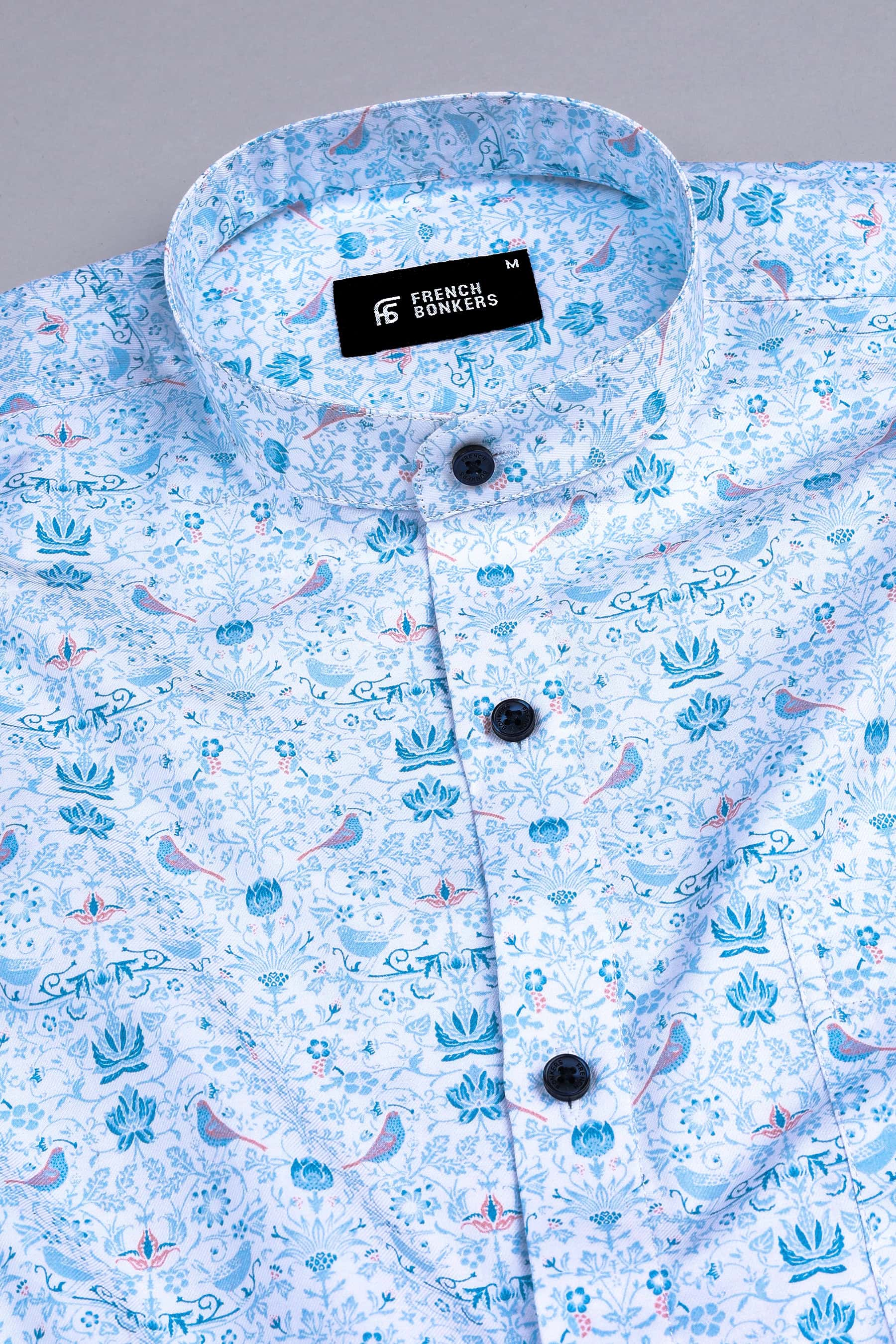 White with Dark and Light blue Lotus flower printed shirt