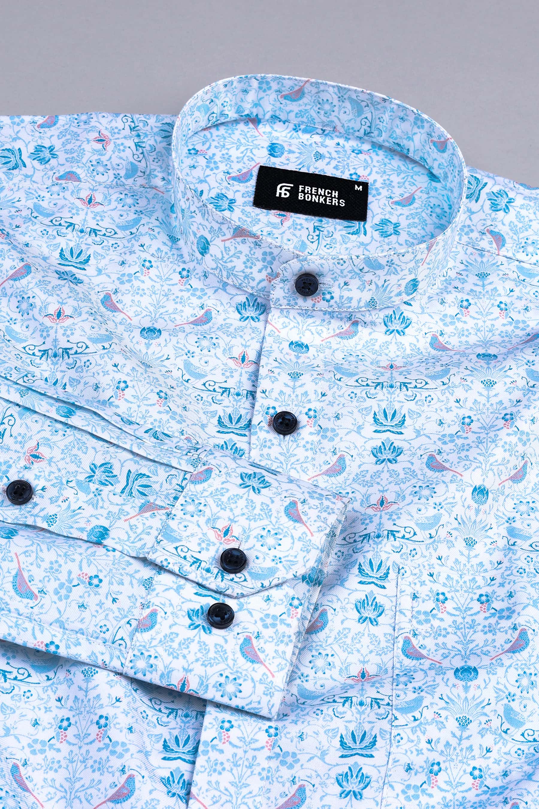 White with Dark and Light blue Lotus flower printed shirt