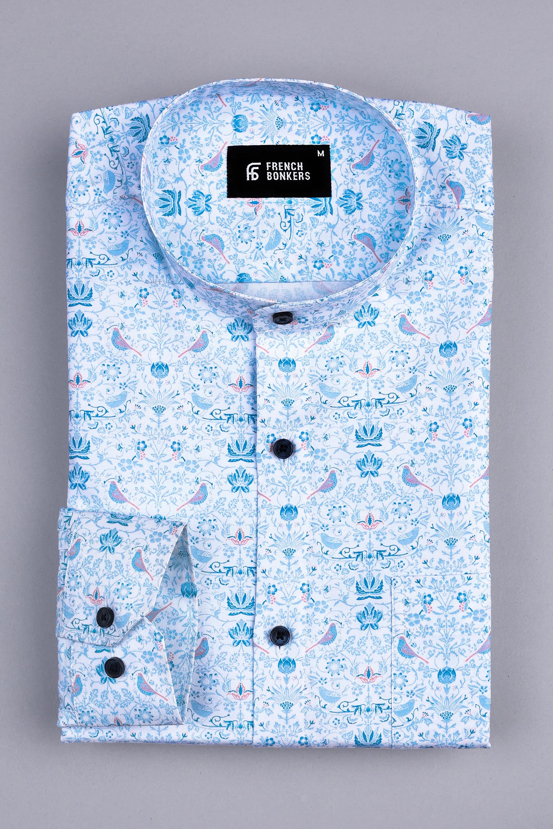 White with Dark and Light blue Lotus flower printed shirt