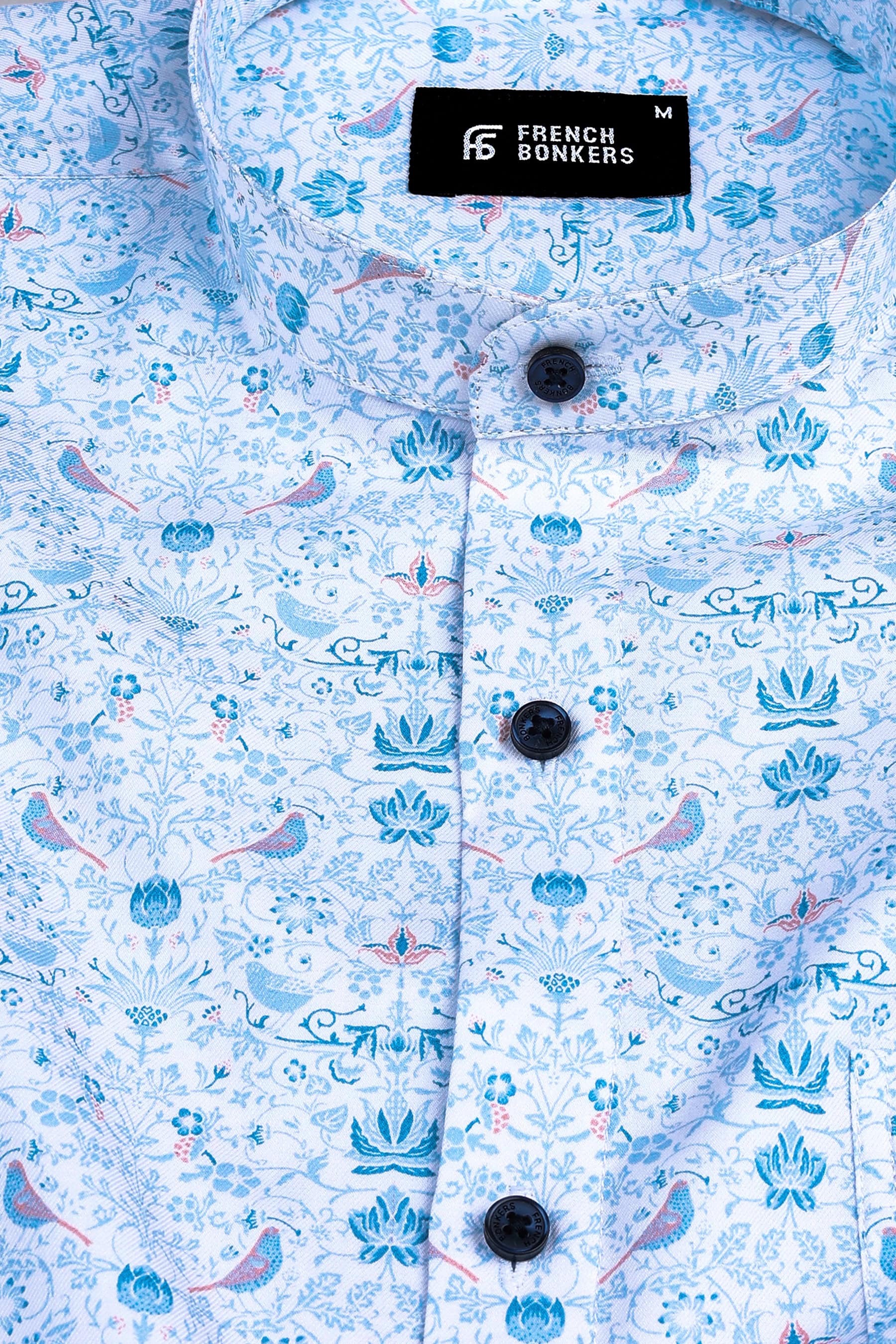 White with Dark and Light blue Lotus flower printed shirt