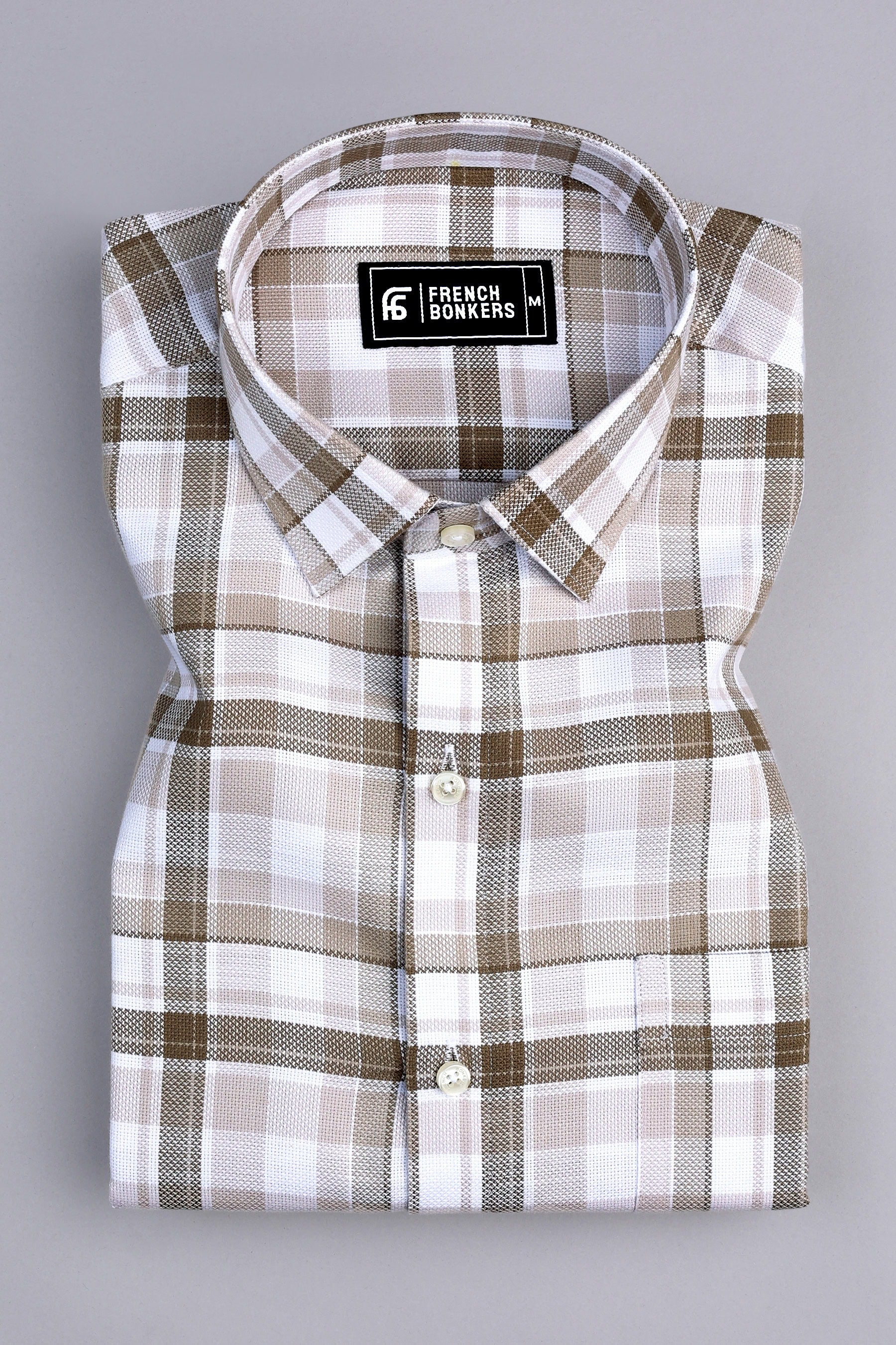 Brown & White Windowpane Dress Shirt store Neck