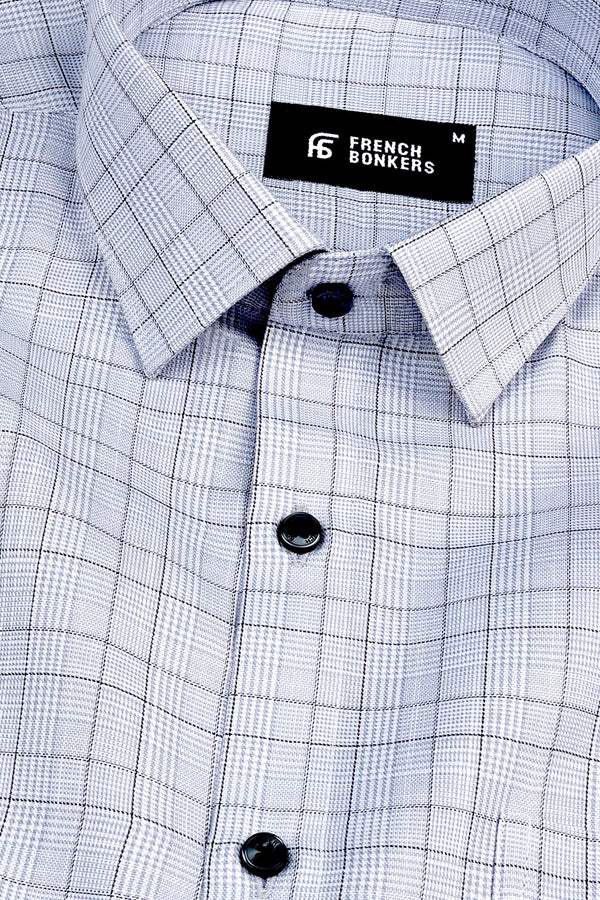 Grey and white with black line box check shirt