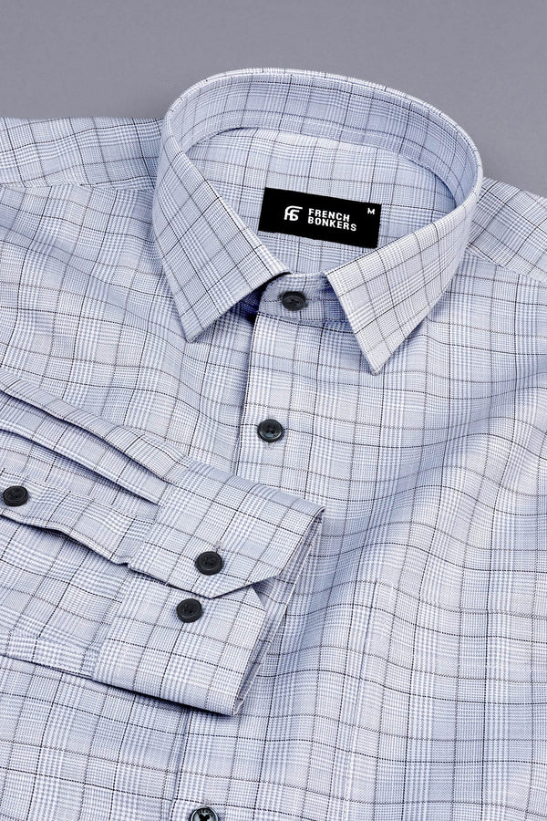 Grey and white with black line box check shirt