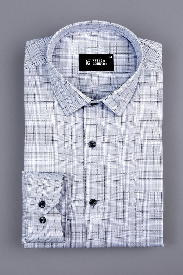 Grey and white with black line box check shirt