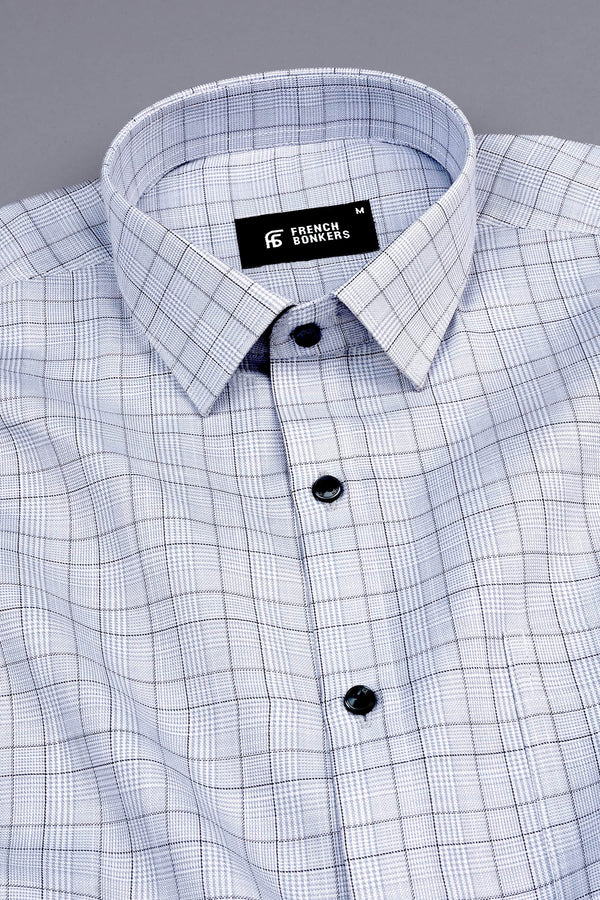 Grey and white with black line box check shirt