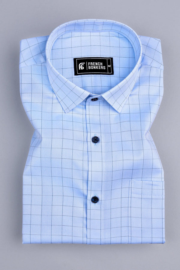 Sky blue with dark blue arglye check shirt